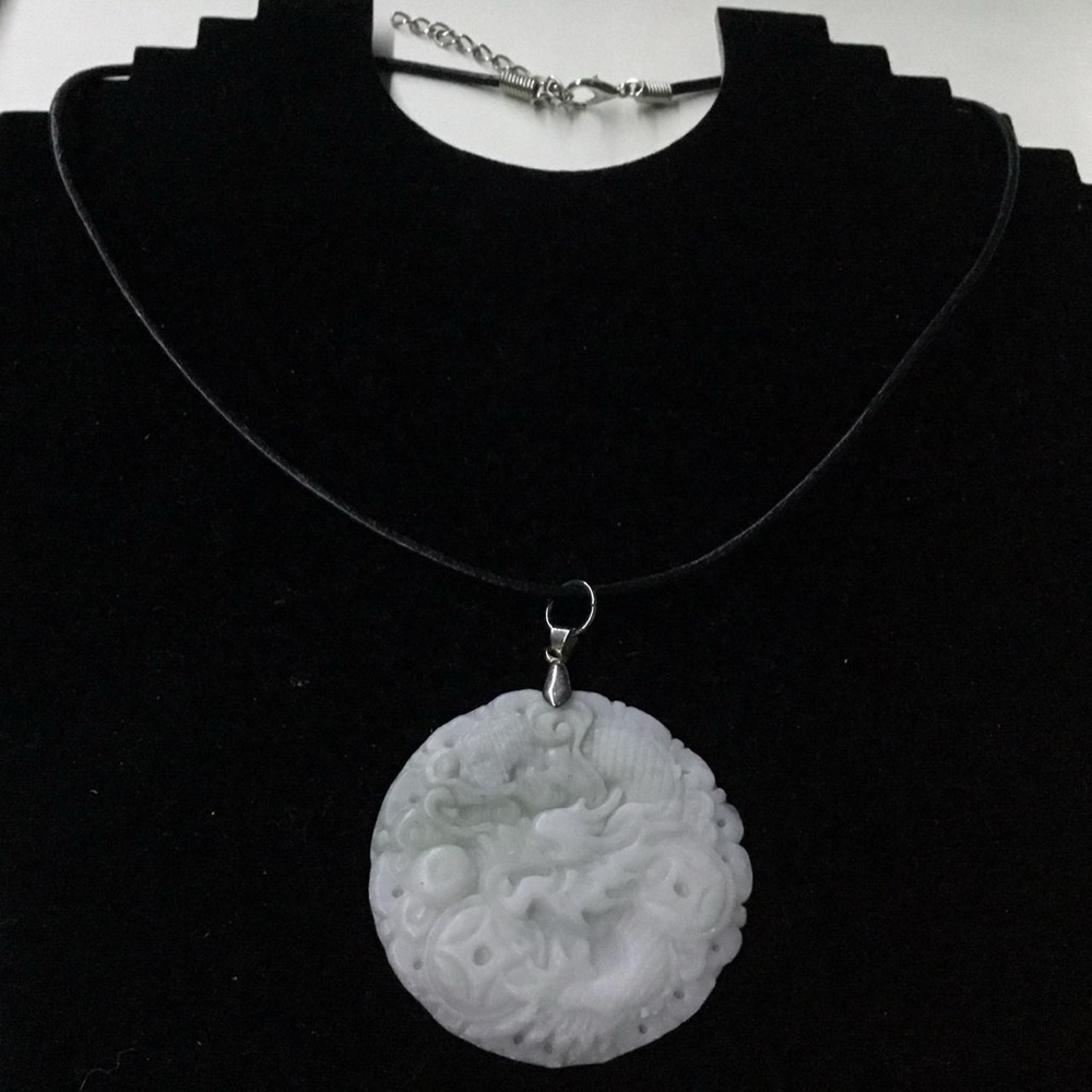 White & Gray Carved Dragon Jade Pendant Leather Necklace